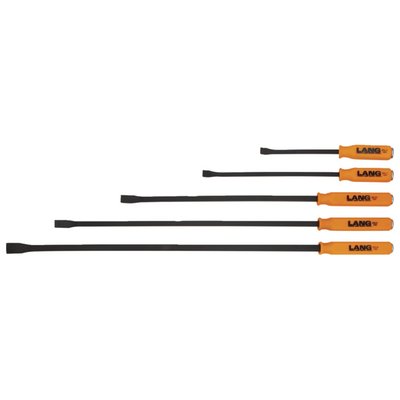 Set with 12" (30.5cm), 17" (43.2cm), 25" (63.5cm), 31" (78.7cm) and 36" (91.4cm) long bars. Curved pry bars manufactured from a high carbon content steel alloy with an orange nylon grip. The tip is angled for best access and leverage. With steel strike cap that is directly connected to the steel of the bar itself. Exceeds ASME (American Society of Mechanical Engineers) standards.