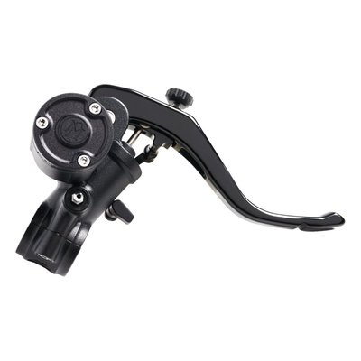 Black Ops, a dual tone gloss black with black wrinkle finish. Compatible with 1" handlebars. PM recommends the use of 9/16" bore with all 4 and 6 piston single caliper set ups. Works with OEM housing. 
Note: The use of the small 125x2 2-piston caliper is not recommended for regular street use. If you insist on using small calipers, PM advises the use of 9/16" bore handlebar master cylinders with both sinlge and dual caliper set-ups. 
Note: A brake light switch must be purchased separately (MCS 599238 or 599233). 
Note: An optional mirror mount clamp is available as 599236 (Black Ops) or 599237 (Gold Ops).