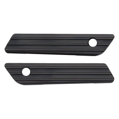 All black anodized finish. CNC machined from billet 6061 aluminum. Fits Touring models with hard bags. Full functions of stock latches are retained. Bolt-on design that works with stock hinge and lock assembly. Complete with installation hardware.
