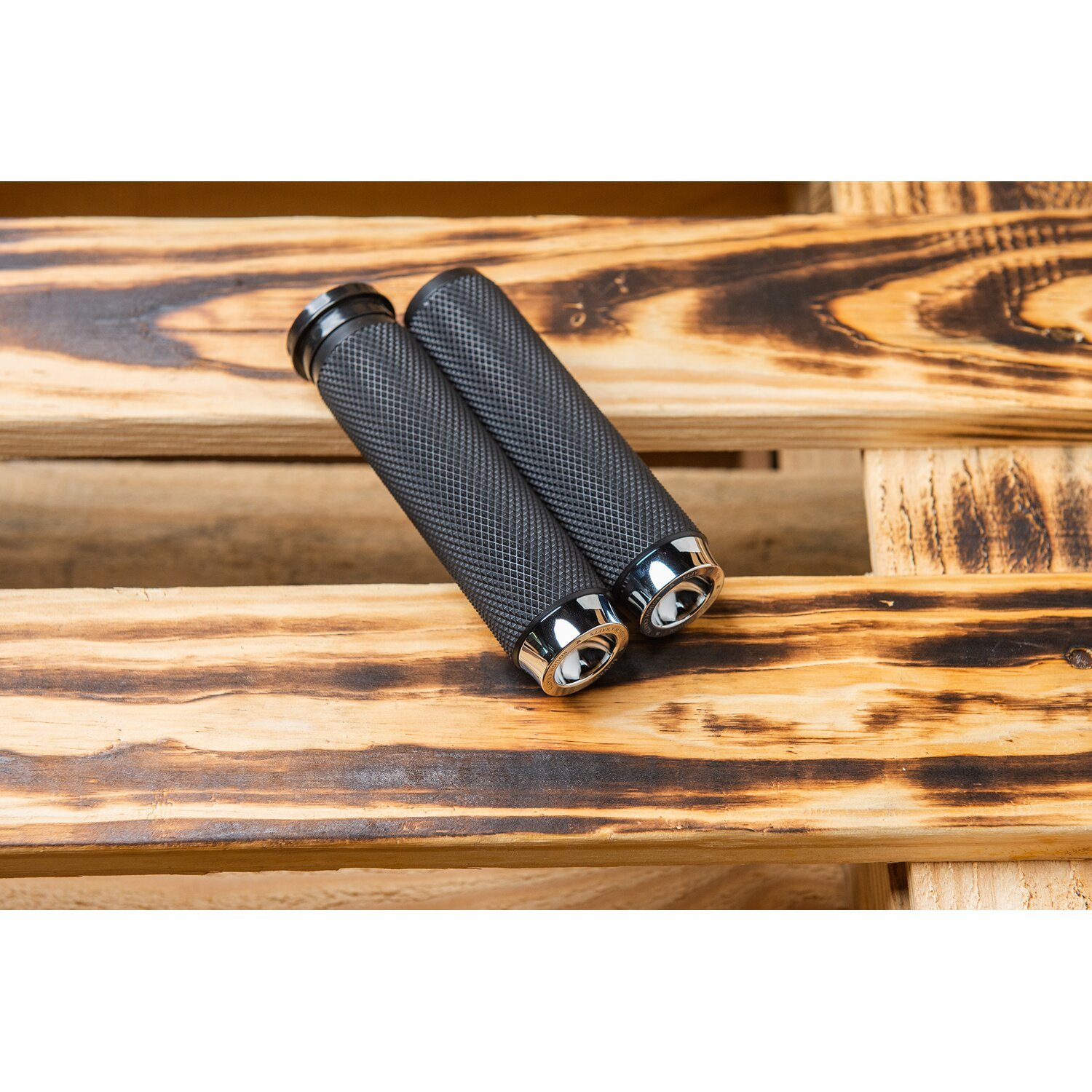 Rough Crafts, knurled rubber handlebar grips, Chrome