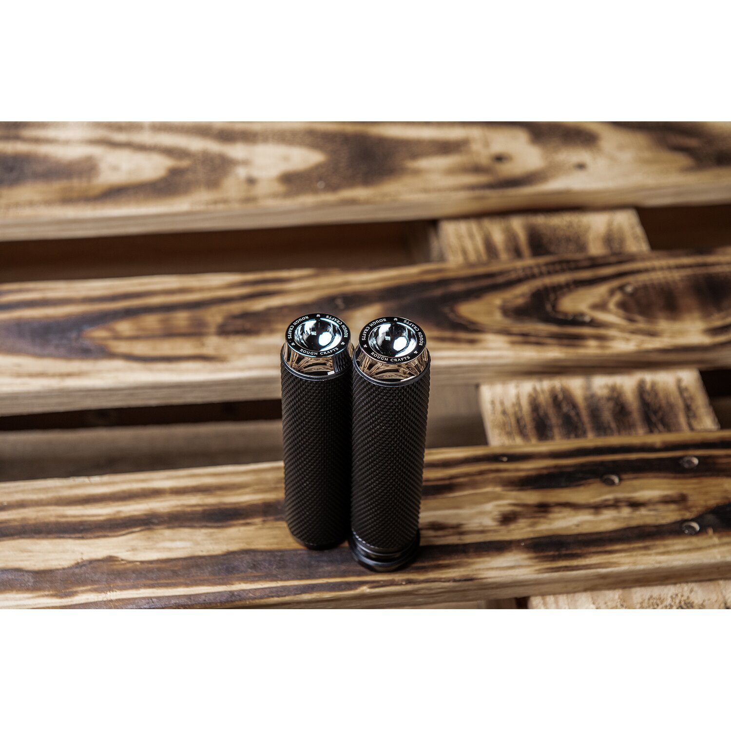 Rough Crafts, knurled rubber handlebar grips, Chrome