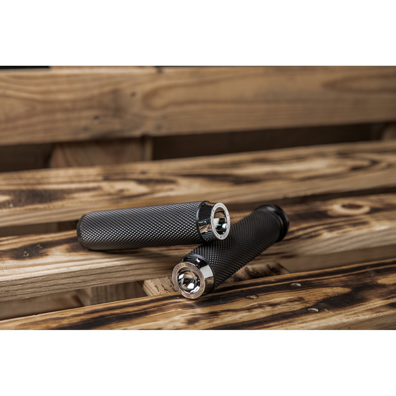 Rough Crafts, knurled rubber handlebar grips, Chrome
