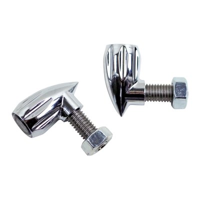 Chrome plated. Rear use. CNC machined billet aluminum construction. Equipped with tinted lenses in front of SMD-LED technology for fantastic brightness in combination with a very small size. M8 threaded. Dimensions: 31.8mm body overall length x 16.6mm body diameter x 18.3mm overall height with stem. With E-Approved lens.