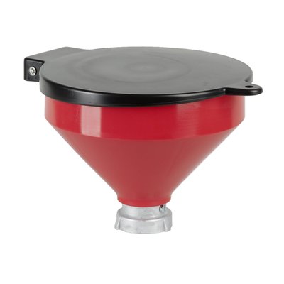 250mm diameter. With a 60mm ø female threaded drum adapter for plastic containers. Red HDPE (high density polyethylene) with a black lockable cover. With a high flow zinc die-cast adapter. Perfect for waste oil or chemical disposals. With lockable cover. Dimensions: 250mm diameter x 210mm high.
