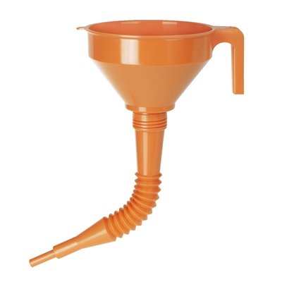 Orange 160mm diameter HDPE (high density polyethylene) funnel with a safe handle and a LDPE (polyethylene of low density) 330mm long removable flexible spout. 
Oil, acid and fuel-resistant. With a 13mm to 19mm two-step removable spout. 
Dimensions: 440mm overall height x 220mm diameter.