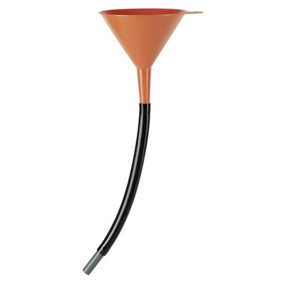 150mm diameter orange HDPE (high density polyethylene) funnel with a grip tab and a black PVC flexible 17mm OD hose that is 330mm long. Oil, acid and fuel-resistant. Dimensions: 490mm overall height x 185mm diameter.