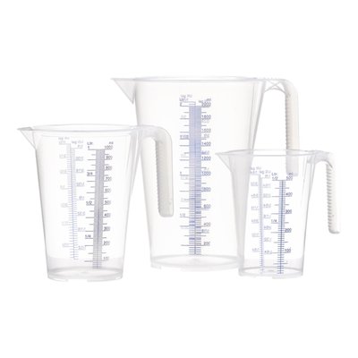 3-pack with a 500cc, 1000cc and a 2000cc measuring jug. Transparent polypropylene. Used to measure fluids or fine solids with a printed and raised 10cc scale graduation (2 liter jug comes with 20cc graduation). Oil and acid-resistant, break-proof, stable and stackable. Temperature range -10°C to +120°C. Dimensions 500cc jug: 145mm to 100mm diameter x 135mm high. Dimensions 1000cc jug: 180mm to 125mm diameter x 170mm high. Dimensions 2000cc jug: 210mm to 150mm x 215mm high.
