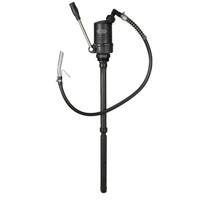 Compatible with 60, 200 and 220 liter barrels with G 2" male threads. Compatible with oils up to SAE 50, diesel, petroleum, kerosene, glycerin and undiluted antifreeze. 0.4 liter per stroke, at 60 strokes per minute 24 liters pumping capacity. Pump body is manufactured from ABS + PA 6, seals from FKM + HNBR and the metal parts are zinc plated steel. The suction tube is telescopic and adjustable from 35cm to 95cm in length. The discharge hose is 150cm long and comes with a steel discharge spout. Easy installation. Weight 1.24kg.
