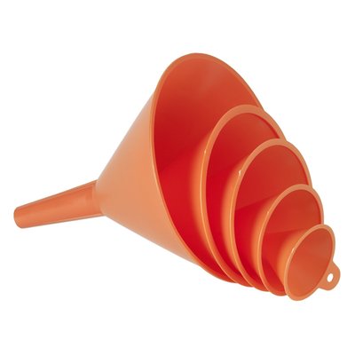 Orange HDPE (high density polyethylene) 5-piece funnel set for most universal drainage needs. Foodstuff-compatible and oil, acid and fuel-resistant. With grip tabs with suspension eyes. Funnels come with following diameters: 50, 75, 100, 120 and 150mm.