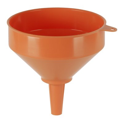 Orange HDPE (high density polyethylene) high flow funnel. Oil, acid and fuel-resistant. With a removable brass strainer and a straight spout with ventilation tube. The grip tab has a suspension eye. 
Dimension 200mm diameter. Weight 0.18kg.