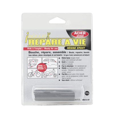 Steel. 50 gram. Cures in 5 minutes. A two component epoxy resin reinforced with metal powder. The chemical components are matched to form the best bond to the materials that are to be joined or repaired and offer a durable and quick solution for metal repairs without cracking or twisting. When cured it can be filed, drilled, tapped and painted. Idées-Fix is weatherproof, resistant to CFC (chlorofluorocarbons), solvents and high temperatures.