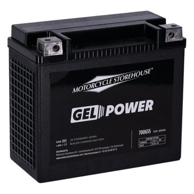 12V, 20Ah, 360CCA (Cold Cranking Amps). 
The technology behind Nano-Gel batteries is basically a further development in AGM battery technology. Nano-Gel batteries are known to provide a long shelf life, a high capacity, good deep cycle resistance and more power. Based on AGM technology, but smaller nano sized particles in the electrolyte ultimately allowing plates to be placed closer together, without temperature issues. Simply put, the Nano-Gel batteries offer more capacity and power in a smaller housing. 
- Better resistance to vibration and heat 
- Better high current delivery (starting) 
- Plated copper terminals 
- Higher power density 
- No gassing with safety valve 
- Low self discharge 
- Mounts in any position 
- High charge voltage at around 20% of battery capacity 
- Wide 20°C to +60°C temperature range 
- Strong ABS housing 
- Safe. Will not spill or leak, even when damaged 
- Excellent life expectancy & reliability 
- Dimensions: 17.5cm long x 15.5cm high x 8.7cm deep 
- OEM replacement reference 65989-90A, 65989-97E, 66000065A