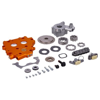 This kit updates the cam chain tensioner of your TC 88 engine to the latest design, as featured on the TC 96 engine. The billet cam support plate has been designed to allow the installation of the TC 96 hydraulic cam chain tensioner to TC 88-equipped models. These Hydraulic Cam Chain Tensioners will significantly outlast the spring loaded tensioners and are an ideal addition to an engine modified for improved performance. In addition, '02-'06 models utilize a TC 96 single row front roller chain and sprocket (included in kit). '99-'01 models use Original Equipment front silent chain and sprocket to retain the cam position sensor function. The kit includes an improved SE High-Flow Oil Pump that provides increased oil pressure at high-operating temperatures. This kit increases the oil supply by 23% and scavenging by 50% when compared to the '99-'05 OE oil pump and reduces operating temperature of bearings to improve bearing life. OEM reference: 25284-11