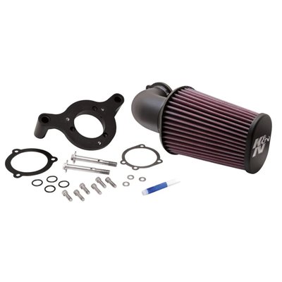 With black aluminum 90° intake tube and throttle body mount plate and a black filter tip with K&N logo. 
Complete performance intake system for models with EFI (Electronic Fuel Injection). On Dyno runs with the AirCharger installed K&N realized a 13 HP gain at the rear wheel of a 96" 2008 Electra Glide Classic. +10 HP on a 2009 Softail and +9 HP on a 2009 1200 XL Sportster. Kit includes breather assembly and mounting hardware. 
Note: See optional 909619 for Dry-charger (rain sock) and 909646 for Pre-charger (dust sock). 
Note: For the stock replacement filter element see 583034 with chrome tip or 960251 with black tip. 
