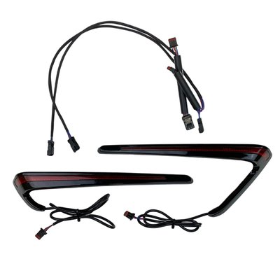 Gloss black with a red lens. 
Comes with a sleek, tapered shaped body with a single row of dual intensity red LEDs, for both left & right saddlebag. Lights wrap closely around the rear facing edge of the saddlebag for increased visibility, especially from the side. Units are pre-taped for easy mounting and equipped with connectors for a plug and play installation under the seat with the provided wire harnesses.