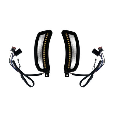 LED DRL & turn signal combo. 
Fill the voids in the OEM Low Rider ST fairing with a single row of dual color LEDs and decorative black mesh. 18 LEDs border each edge providing bright white DRL with full contrast amber turn signal. Units are equipped with a plug and play wire harness for easy wire connections under the front fairing. 
Note: See 700705 for the optional style matching black mesh and gloss black trim vent insert used above the headlamp. 