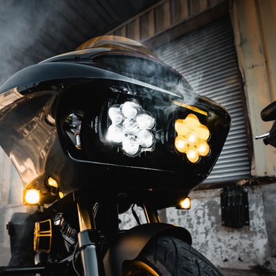 This combo kit includes a bright white, DOT compliant headlight with a low beam of three projection-style LEDs and a high beam which adds four additional direct-reflective LEDs boasting an impressive 9080 raw/3216 effective lumens. SAE compliant, selective yellow fog lamp provides an additional 8050 raw/2050 effective lumens and riding clarity like you’ve never experienced before. Lamp assemblies are completely sealed IP67, waterproof with polycarbonate lens and gloss black aluminum housing. Three millimeter, 304 gloss black stainless steel mounting brackets are engineered to minimize assembly and installation time. Plug and play wire harness plugs into factory wiring (no connection the battery), and mounting hardware is also included.    

Auxiliary On Off Switch (sold separately) can be added to independently control the selective yellow fog lamp. 