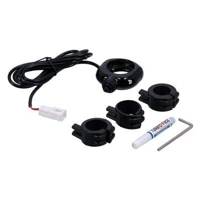 Gloss black. 
Universal handlebar switch provides access for powering auxiliary driving lights or accessory lighting on and off. Rubber switch is built into the clamp. Three rubber insulators are supplied for multi-fit use on 7/8", 1", or 1-1/4" handlebars with mounting hardware included.