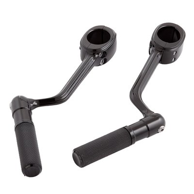 Complete with Arlen Ness foot pegs with a with 5/16-24 threaded stud.
Constructed from black anodized CNC machined billet aluminum, which was forged for extra strength. Comes with a 1-1/4" (32mm) clamp that fits the crash bar / engine guard and provides you with an alternate foot position on long stretches. Features a low-profile design to blend with the lines of the bike. The swivel design allows pegs to folded to an upright position when not in use. Perfect for FLT Touring models with lower fairings, peg mounts almost disappear when installed since they follow the lines of lower fairings.