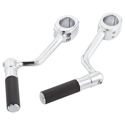 Complete with Arlen Ness foot pegs with a with 5/16-24 threaded stud.
Constructed from chrome plated CNC machined billet aluminum, which was forged for extra strength. Comes with a 1-1/4" (32mm) clamp that fits the crash bar / engine guard and provides you with an alternate foot position on long stretches. Features a low-profile design to blend with the lines of the bike. The swivel design allows pegs to folded to an upright position when not in use. Perfect for FLT Touring models with lower fairings, peg mounts almost disappear when installed since they follow the lines of lower fairings.