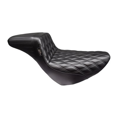 11" wide seating area with 6.5" of back support. Double Diamond stitch pattern. This 'Daddy Long Legs' version of the Kickflip has the seating area is positioned 2 inches further backward to accommodate the longer legs of tall riders.
Like the regular version, the KickFlip features a fast and aggressive profile and stance. Built with LePera’s Marathon foam on a black powder coated 18 gauge steel base plate a for maximum stability and comfort. The high arching back support will provide a secure in-bike feel for extreme riding, combined with excellent back support on long stretches. Handcrafted with an iconic attention to detail. Perfect!