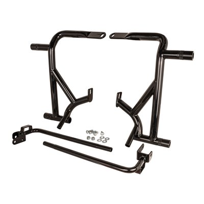 Rear crash bar kit only.
High quality steel engine guard with a durable black powder coated finish. This kit for Touring models includes crash bars for rear (bags) only. Comes with protective Delrin sliders, which are replaceable. Includes installation hardware.
- TIG welded
- Black powder coat finish
- 7 gauge mild steel mount/gussets
- Replaceable Delrin sliders
- 1/2"-13 socket head cap screw hardware included.
Note:
- Installation on 09-13 Road Glide and Street Glide models requires replacing lower (left and right) saddlebag supports with H-D part numbers 49194-09A and 90781-09A
- See 963363 for replacement Delrin slider kit.