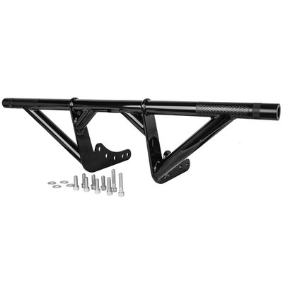 Front crash bar kit only, with Delrin sliders.
High quality steel engine guard with a durable black powder coated finish. Comes with protective Delrin sliders, which are replaceable. Includes installation hardware.
- TIG welded
- Black powder coat finish
- 7 gauge mild steel mount/gussets
- Replaceable Delrin sliders
- 1/2"-13 socket head cap screw hardware included.
Note:
- Works with mid-controls only. Will not work with forward controls
- Will not fit with front spoilers
- See 963362 for replacement front Delrin slider kit