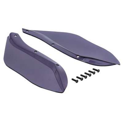 Fits models with Batwing fairings. 
These wind deflectors fit the lower side of the Batwing fairing where they help prevent updraft and reduce turbulence for a more comfortable ride. 
Made of dark smoke and designed to last since it is made of polycarbonate material. 
OEM replacement reference 57740-05