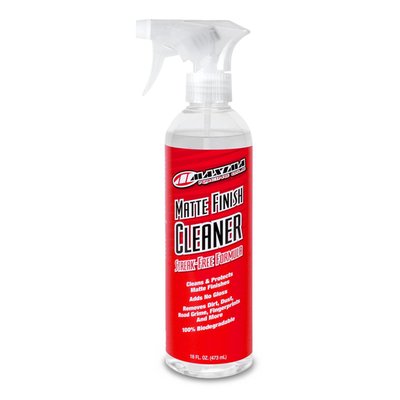 473cc spray bottle. 
For use as a professional strength cleaner for matte finishes. Safe for use on all matte surfaces, from equipment to accessories. Fast-acting, all-purpose cleaner designed to remove mud, dirt and debris from non-gloss finishes. Specially blended surfactants and detergents lift away solids without sticking to the surface, leaving the surface clean and residue-free. Non-toxic, non-flammable and eco-friendly formulation. 
- Cleans & protects matte finishes 
- Adds no gloss or shine 
- Removes dirt, dust, road grime, fingerprints and more 
- 100% biodegradable 
- Contains no VOCs, harmful acids, CFCs or solvents 
- Non-flammable 