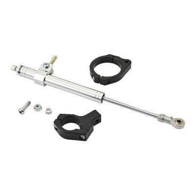 Silver anodized adjustable aluminum damper. Includes hardware.
Quality fork damper to increase your ride's stability.
Hydraulic steering stabilizers, or fork dampers, offer damping and can give an increase in high speed stability and ultimately help prevent the dreaded speed wobble. Not just for drag or street racers, but regular riding as well.