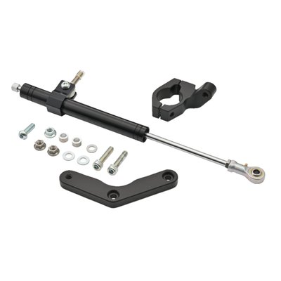 Black anodized adjustable aluminum damper. Includes hardware.
Quality fork damper to increase your ride's stability.
Hydraulic steering stabilizers, or fork dampers, offer damping and can give an increase in high speed stability and ultimately help prevent the dreaded speed wobble. Not just for drag or street racers, but regular riding as well.