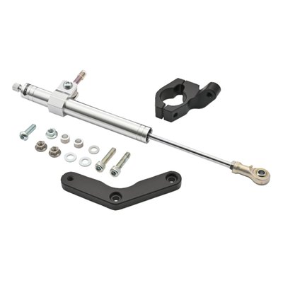 Silver anodized adjustable aluminum damper. Includes hardware.
Quality fork damper to increase your ride's stability.
Hydraulic steering stabilizers, or fork dampers, offer damping and can give an increase in high speed stability and ultimately help prevent the dreaded speed wobble. Not just for drag or street racers, but regular riding as well.