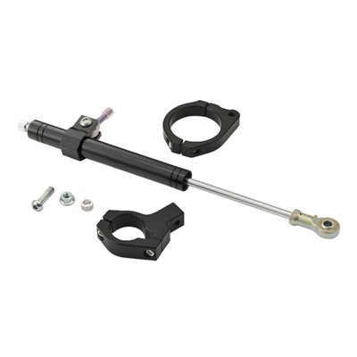 Silver anodized adjustable aluminum damper. Includes hardware.
Quality fork damper to increase your ride's stability.
Hydraulic steering stabilizers, or fork dampers, offer damping and can give an increase in high speed stability and ultimately help prevent the dreaded speed wobble. Not just for drag or street racers, but regular riding as well.