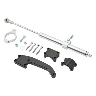 Silver anodized adjustable aluminum damper. Includes hardware.
Quality fork damper to increase your ride's stability.
Hydraulic steering stabilizers, or fork dampers, offer damping and can give an increase in high speed stability and ultimately help prevent the dreaded speed wobble. Not just for drag or street racers, but regular riding as well.