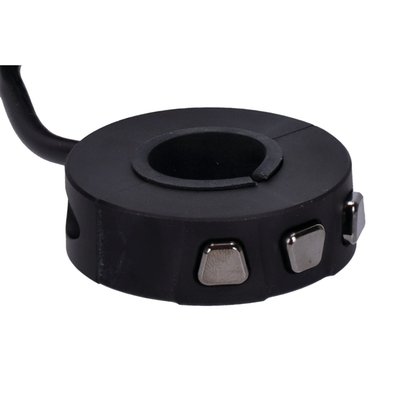 Perfect to operate speedometers or anything else where momentary push button switches are required.
Note: Use for operating speedometers and other components up to 50mA current, other applications require a relay, like Daytona 701157 multiple-function relay.
- Black housing, chrome buttons
- CNC machined aluminum housing
- Button: Coated ABS
- For 22mm and 1" diameter handlebars
- Outer diameter 50mm
- Thickness 16mm
- Max. current 50mA
- Clamps around handlebar, requires no drilling
- Icon stickers included