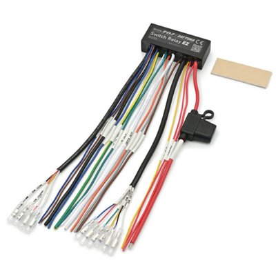 Multiple function handlebar switch relay that will allow you to switch not just one function, like a regular relay, but virtually all functions that are found on a motorcycle. With installed wires for each function. 
- Input Current: up to 12V/20A 
- Input line fuse protected
- CE approved 
- With individual cables for following functions: Headlight HI/LOW, Horn, Start, Turn signal left, Turn signal right, Hazard lights 
- 4 additional connections & functions 
- Each function is short-circuit protected 
- Dimensions 75mm x 30mm x 20mm 
Note: Perfect to combine with one or two of Daytona's 701156 black/chrome or 701154 black/black 3-button handlebar switch(es) to control it all. 