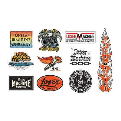 A cool 10 pack of Loser Machine stickers with included Logo stickers and some cool prints.