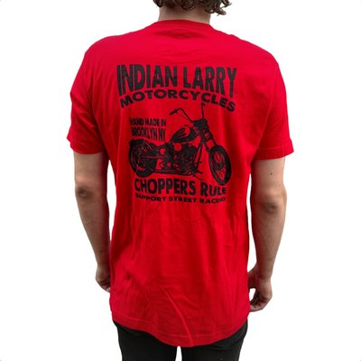 Indian Larry was a born and raised New Yorker who discovered his passion for mechanics at a very early age. The Indian Larry Street Racer t-shirt is a rugged essential for those who live life on the throttle. Crafted from 100% pre-shrunk cotton, this t-shirt features the Indian Larry design on the left chest and backside. Designed and printed in New York, it embodies the raw spirit of the chopper culture. Choppers rule!