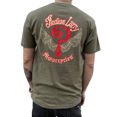 Indian Larry was a born and raised New Yorker who discovered his passion for mechanics at a very early age. The Indian Larry Logo t-shirt is a rugged essential for those who live life on the throttle. Crafted from 100% pre-shrunk cotton, this t-shirt features the iconic Indian Larry logo both the front and back, standing out against the deep army green fabric. Designed and printed in New York, it embodies the raw spirit of chopper culture.