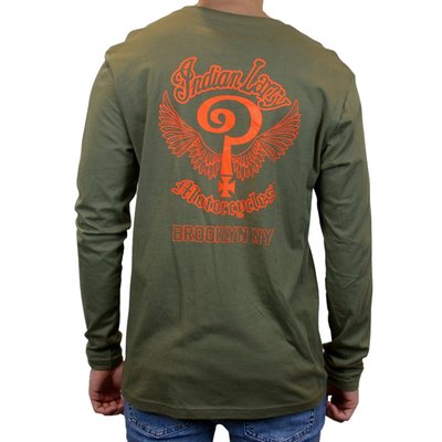 Indian Larry was a born and raised New Yorker who discovered his passion for mechanics at a very early age. Channeling the raw spirit of Brooklyn’s custom motorcycle scene, the Indian Larry John's long sleeve in army green is a tribute to timeless craftsmanship. Its rugged hue and classic long-sleeve design make it a staple for those who ride hard and live free. Whether you're cruising the streets or kicking back, this tee keeps your style effortlessly cool.
