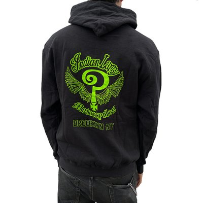 Indian Larry was a born and raised New Yorker who discovered his passion for mechanics at a very early age. The Indian Larry Slime hoodie is a rugged essential for those who live life on the throttle. Crafted from 100% pre-washed cotton, this hoodie features the Indian Larry logo both the front and back. Designed and printed in New York, it embodies the raw spirit of chopper culture.