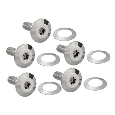 - Floating brake disc hardware made from CNC machined Forged Stainless Steel 
- Innovative design combines the floater bolt & bushing into a single unit for a clean look with increased strength 
- Each kit includes (5) floating one-piece bolt/bushings & (5) spring washers 
- Replaces OEM Bolt 41500020, OEM bushing 41500018 and 41500019 spring washers