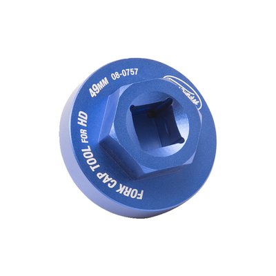 - Used in the removal and installation of fork caps on H-D touring models with 49mm forks
- Protective O-ring reduces the risk of damage to the fork caps during removal and installation
- 1/2 inch square drive
- Machined from 6061-T6 aluminum with durable blue anodizing and laser engraved markings