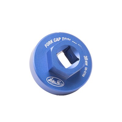 - Use for removal and installation of the fork cap nut (1-3/8" hex) 
- Thin socket measures just 9/32" deep by 5/8" tall 
- O-ring insert to help protect the top of the cap 
- 1/2 inch square drive 
- Machined from 6061-T6 aluminum with durable blue anodizing and laser engraved markings 