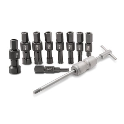 - Used to pull bearings that you can't reach from the rear side 
- Includes 8, 10, 12, 15, 17, 20, 25, 30, and 35 mm collets 
- Collets are precision machined for perfect fit and durable performance 
- Collets have a innovative new design that improves durability and pulling strength 
- Pull tests in our lab show our collets are 2x to 3x stronger than conventional collets 
- Kit includes high quality slide hammer with excellent weight and balance 