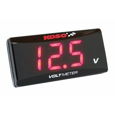 - Will automatically flash if voltage drops down to 11.5V
- Illuminated digits make it attractive and easy to read at night
- Compact size for an easy install on the bike
- Volt meter: DC 8 to 18 V. Per DC 0.1 V
- Voltage warning: Flashing light when < 11.5 V
- Effective temperature range 14 to 140 °F (‑10 ~ 60 °C)
- Power DC 12 V
- Meter standard JIS D 0203 S2
- Dimensions: 56.4mm x 27mm x 11mm
- Meter weight ±20 grams
- Complete with instructions