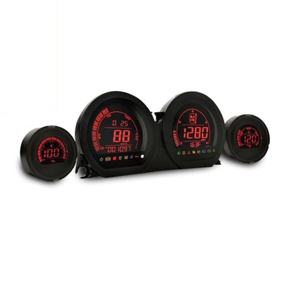 ABE approved. Plug & play replacement for the OEM instruments. Plug OEM connectors into instruments and install into the fairing. Ready! 8 display color options and 5 intensity levels for the digits and graphics in each individual instrument. Once the ignition is off, all instruments are completely black for a great custom look. This kit includes a 4" speedometer, a 4" tachometer with gear indicator, a 2" oil temperature gauge, and a 2" fuel gauge.
- 8 display color options: White, yellow, orange, red, purple, blue, light blue, green
- 12V DC
- Speedometer: 0 to 299 km/h (0 to 199 mph)
- Display refresh rate: <0.5 seconds
- Overspeed warning setting: 30 to 299 km/h (19 to 199 MPH). When the set value is reached, the warning lamp lights up
- Maximum speed record: 0 to 299 km/h (mph)
- Odometer display range: 0 to 999,999 km (miles) displays per 1 km (miles)
- Tripmeter A/B: 0 to 9,999.9 km (miles)
- Oil change interval/maintenance: off - 300 - 10,000 miles or 500 - 16,000km adjustable. Adjustable per 100 miles/km. Counts down as the number of miles/km increase. From 0 km/miles the warning light flashes and the device counts down to maximum minus 999 km/miles. Manual reset
- Gear indicator: Off, N, 1, 2, 3, 4, 5, 6
- Tachometer: 0 to 9,990 rpm. Displays per 10 rpm
- Shift light: : 2,000~8,000 rpm, per 100 rpm adjustable. Light turns on when set RPM is reached
- Engine temperature: -40 to 400 °C / -40 to 572 °F
- Fuel meter: R: 0 ~ 100 %
- Fuel warning setting 1-HD Standard: Flashing LCD when > 211 Ω, Off LCD when < 187 Ω
- Fuel warning setting 2-HD Customize: Flashing LCD when < 20%, Off LCD when > 30%,
- Fuel tank volume: OFF / 1 ~ 9.9 US gallons
- Average fuel consumption: OFF / MPG (US spec) / MPG (UK spec) L/ 100 km / km/L
- Fuel 'remaining distance': LCD shows 'LO RNG' and flashes as a warning when remaining range is less than 16 km (10 miles)
- Clock: 12h / 24h
- Oil Temperature Gauge: 0 to 400°F (32 to 248°C), displays per 1 F° (1 °C)
- Maximum oil temperature record (storage): 0 to 400°F (32 to 248°C)
- Volt meter range: DC 8 to 18V
- Brightness digits: 5 levels
- Color digits / graphics: 8 colors, white, yellow, orange, red, purple, blue, light blue, green
- Works from -10°C to 60°C
- JIS D 0203 (S2) standard specified
- Weight speedometer & tachometer: 286 gram
- Weight oil temp.: 81 gram
- Weight fuel gauge: 81 gram
- Indicator lights: Turn signal / Water temp / Oil pressure / Photometric sensing / Warning light/ Check engine / High Beam / Fog light / Volt / Traction control / Cruise / ABS / Rain mode / Vehicle hold control / Fuel level / Low tire pressure / Security light
