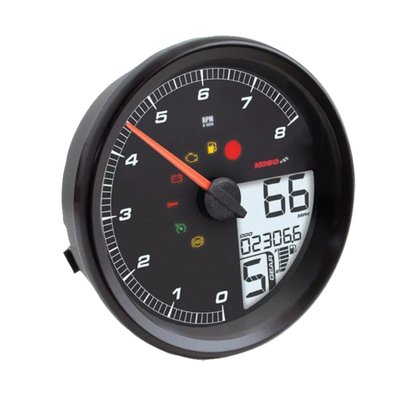 Black face, black bezel. Replacement for the later 4.5 (11.43cm) diameter tank mounted H-D speedometers. Connects plug & play to the existing wiring and is fully compatible with the bike's CAN-bus system. Offers speedometer (kmh/mph), tachometer, odometer, two trip meters, rev limit setting, shift light, multiple color backlights, gear indicator, engine temperature, battery voltage, fuel level indicator, average fuel consumption and more.
- 12V DC. CAN-bus compatible
- Multiple color backlight: Red / Orange / Yellow / Green / Blue / Indigo / Purple / White
- Backlight brightness: 5 levels
- Speedometer: 0 to 360 km/h (0 to 225 mp/h)
- Display delay : < 0.5 seconds
- Odometer: 0 to 999.999 km (miles)
- Trip meter A/B: 0 - 9,999.9 km (miles) with auto reset after 9.99.9 km (miles)
- Tire circumference adjustment: 50 to 210%, per 1%
- Gear indicator: Off / Neutral and 1 - 6 gear
- Tachometer: 0 to 8,000 rpm
- Rev limit light: 2,000 to 8,000 rpm. Warning light flashes when set rpm is exceeded. Sets per 100 rpm
- Maximum speed warning adjustable (light or flash)
- Engine temperature warning: 40 - 215 °C (40 - 419 °F) adjustable
- Fuel gauge: 6 levels
- Tank volume: Off / 1 to 9.9 gallons (approx. 3.8 to 37 liters)
- Average consumption fuel consumption: Off / liters per 100 km per liter / Miles per gallon (US spec) / miles per gallon (UK spec)
- Clock: 12h / 24h
- Volt meter: 8-18 V DC
- Maintenance intervals: Off / 500 to 16,000 km (300 to 10,000 miles). Sets per 100km (miles)
- Fuel reserve: 0 to 9.999 km (miles). When range is less than 10 miles (16 km) 'LO RNG' warning will appear on display
- Indicator lights: RPM warning, fuel reserve, engine check, low voltage, anti-theft devise, cruise-control
- Works in: 14 to 140 °F (10 to 60 °C)
- |Required voltage DC 12 V
- |Confirm JIS D 0203 S2
- Dimensions: (D x W) Ø 45/8 x 13/4 "(Ø 117 x 45 mm)
- Weight: 208.5 gram (7.36 oz.)