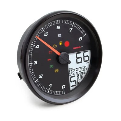 Black face, black bezel. For earlier non CAN-bus wired models. Replacement for the later 4.5 (11.43cm) diameter tank mounted H-D speedometers. Connects plug & play to the existing wiring. Offers speedometer (kmh/mph), tachometer, odometer, two trip meters, rev limit setting, shift light, multiple color backlights, gear indicator, engine temperature, battery voltage, fuel level indicator, average fuel consumption and more.
- 12V DC
- Multiple color backlight: Red / Orange / Yellow / Green / Blue / Indigo / Purple / White
- Backlight brightness: 5 levels
- Speedometer: 0 to 360km/h (0 to 225 mp/h)
- Display delay : < 0.5 seconds
- Odometer: 0 to 999.999 km (miles)
- Trip meter A/B: 0 - 9,999.9 km (miles) with auto reset after 9.99.9 km (miles)
- Tire circumference adjustment: 50 to 210%, per 1%
- Gear indicator: Off / Neutral and 1 - 6 gear
- Tachometer: 0 to 8,000 rpm
- Rev limit light: 2,000 to 8,000 rpm. Warning light flashes when set rpm is exceeded. Sets per 100 rpm
- Maximum speed warning adjustable (light or flash)
- Engine temperature warning: 40 - 215 °C (40 - 419 °F) adjustable
- Fuel gauge: 6 levels
- Tank volume: Off / 1 to 9.9 gallons (approx. 3.8 to 37 liters)
- Average consumption fuel consumption: Off / liters per 100 km per liter / Miles per gallon (US spec) / miles per gallon (UK spec)
- Clock: 12h / 24h
- Volt meter: 8-18 V DC
- Maintenance intervals: Off / 500 to 16,000 km (300 to 10,000 miles). Sets per 100km (miles)
- Fuel reserve: 0 to 9.999 km (miles). When range is less than 10 miles (16 km) 'LO RNG' warning will appear on display
- Indicator lights: RPM warning, fuel reserve, engine check, low voltage, anti-theft devise, cruise-control
- Works in: 14 to 140 °F (10 to 60 °C)
- Required voltage DC 12 V
- Confirm JIS D 0203 S2
- Dimensions: (D x W) Ø 45/8 x 13/4 "(Ø 117 x 45 mm)
- Weight: 208.5 gram (7.36 oz.)