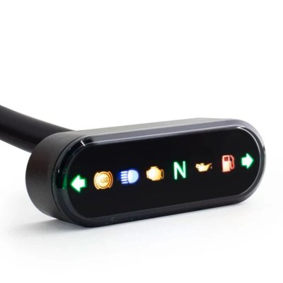 Small LED indicator light unit with all required warning lights. Perfect for use in a variety of custom applications.
Cable assignment:
- Purple = check engine light (-)
- Green = Fuel (-)
- Yellow = high beam (+)
- Blue = Right turn signal (+)
- Orange = Left turn signal (+)
- Green/Red = ABS indicator (-)
- Gray = oil control light (-)
- White = neutral position gear indicator (-)
- Red = Power supply (+) 12V
- Black = Ground/Minus (-)
- 8/9V = RED
- 10/11V = YELLOW
- 12/13V = GREEN
- 14/15V = YELLOW
- 16V = RED
- Dimensions: 64mm wide x 22mm high x 16mm deep with 37mm mount bolt spacing
- Weight: approx. 25g
- Display: 8V-16V
